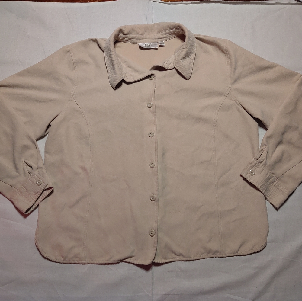 Studio Works Shirt Women's Large Tan Long Sleeve Button Down V-Neck Collared Top